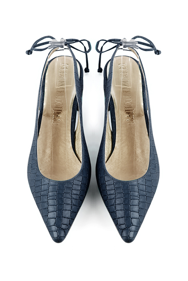 Women's denim blue elegant slingback heels. Pointed toe. Flat flare heels - Top view